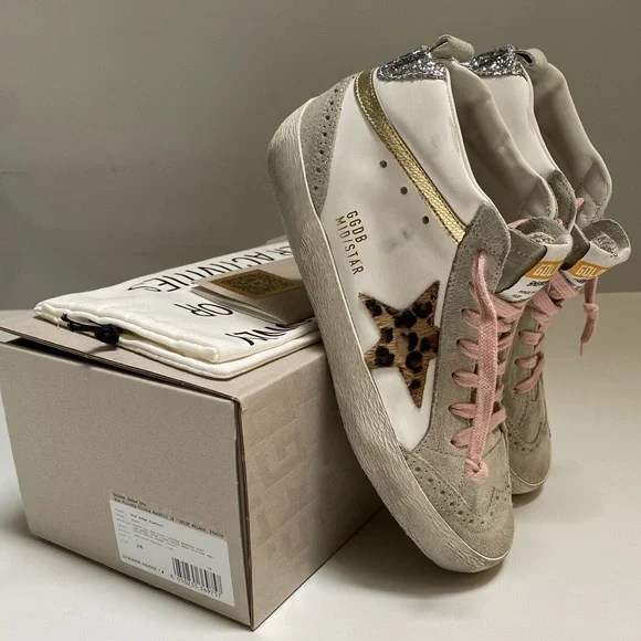 Golden Goose Mid Star Sneaker White Leather/Gold/Leopard Star sz 38 New in Box - Picture 4 of 14